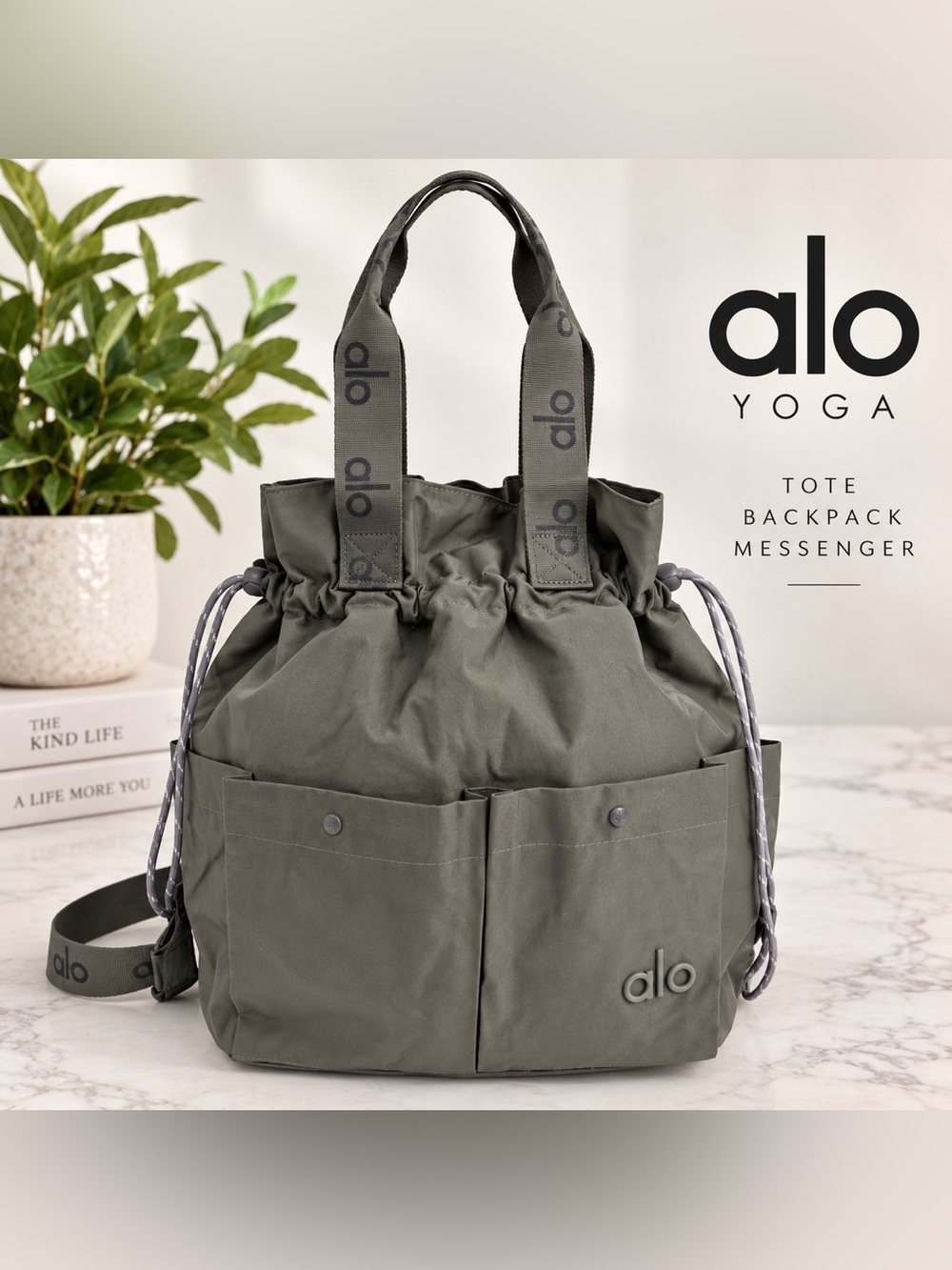 Alo Yoga Convertible Drawstring Tote Backpack Messenger Bag Gray